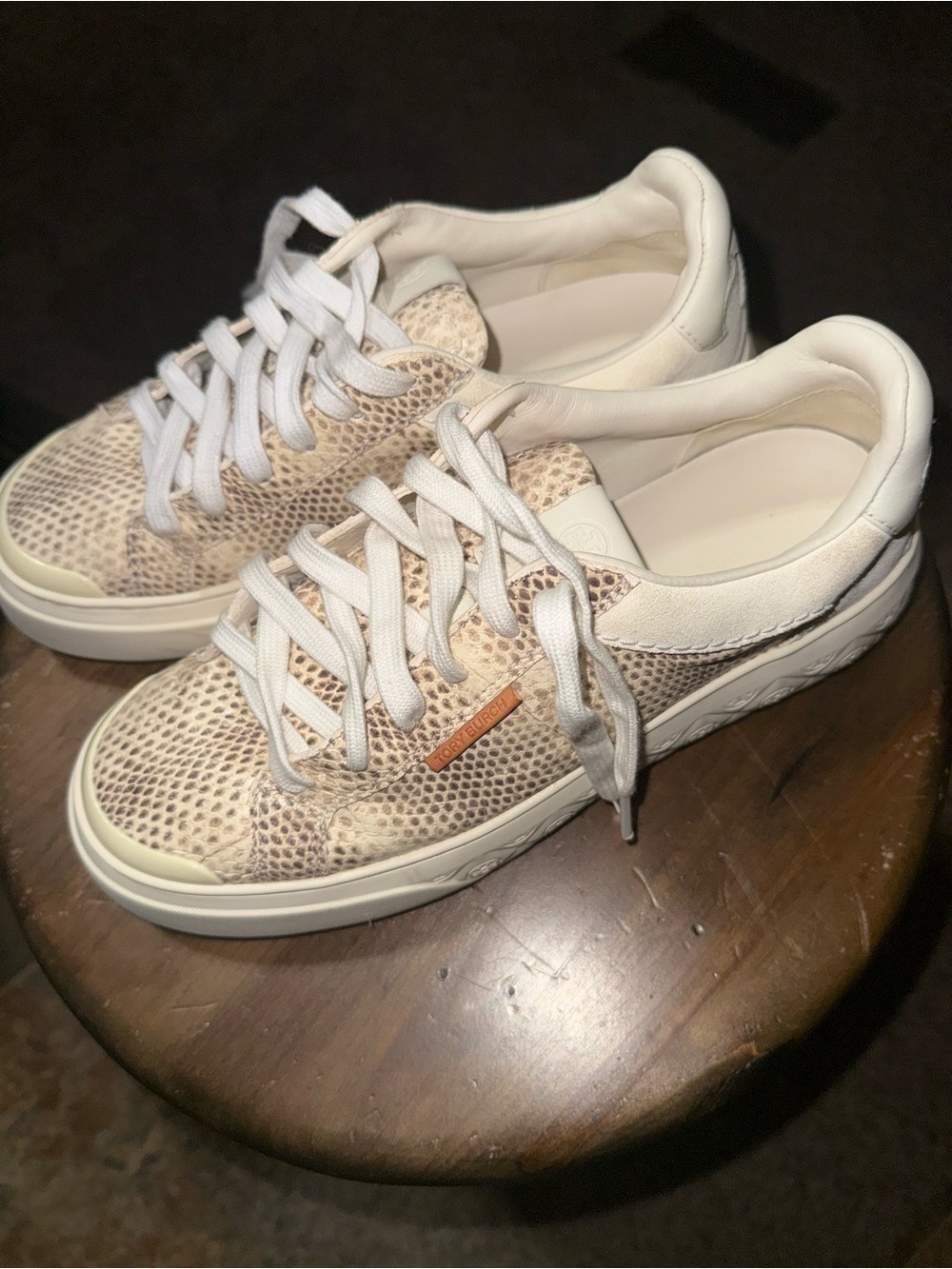 Tory Burch Cream Snake-Print Lace-Up Sneakers